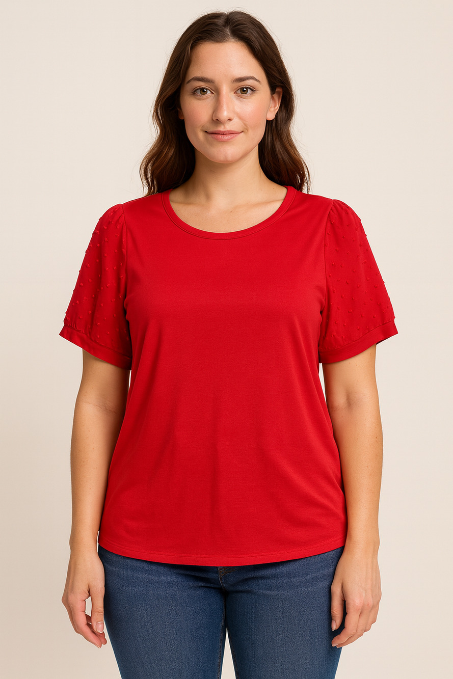 Carmen Marc Valvo Red Short Sleeve Women’s 2X Textured Sleeves Stretchy Blouse - Picture 1 of 9